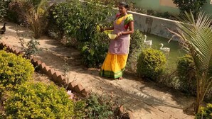 A woman in traditional attire walking on a stone pathway surrounded by greenery and a small pond. - Asian Grand Villa (Bolpur)