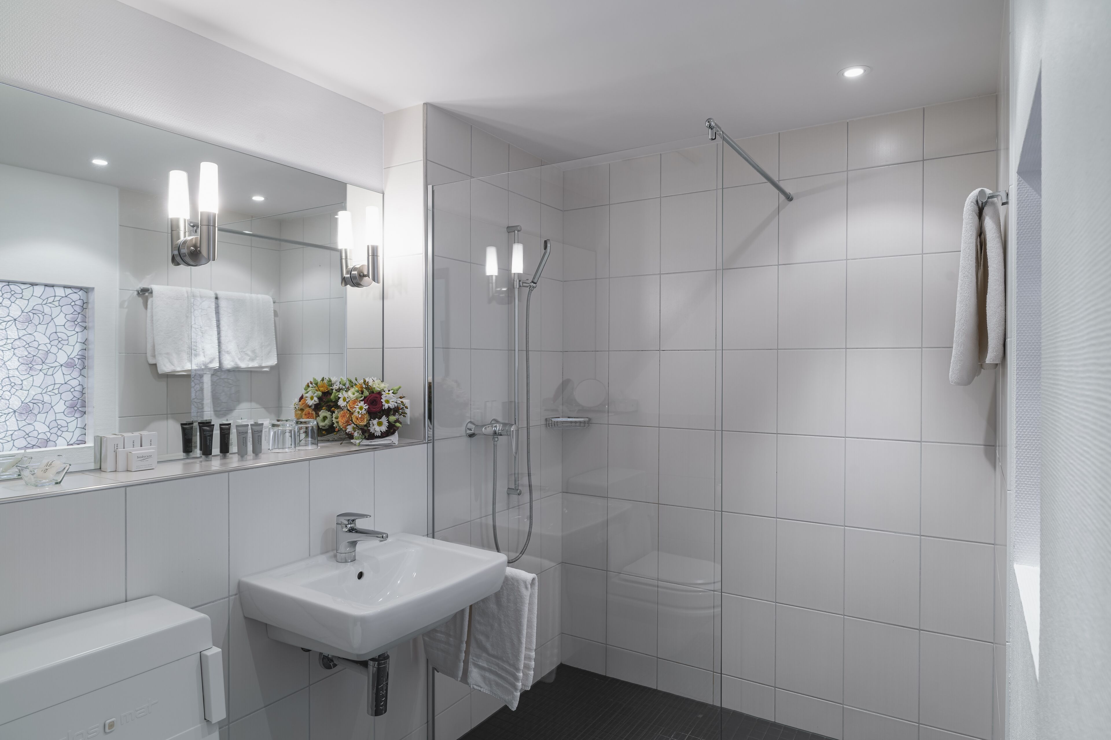 Douche, sèche-cheveux, chaussons, serviettes fournies