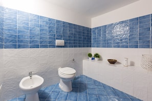 A bathroom with blue and white tiles, a white toilet, a white bidet, and a small potted plant on the counter.