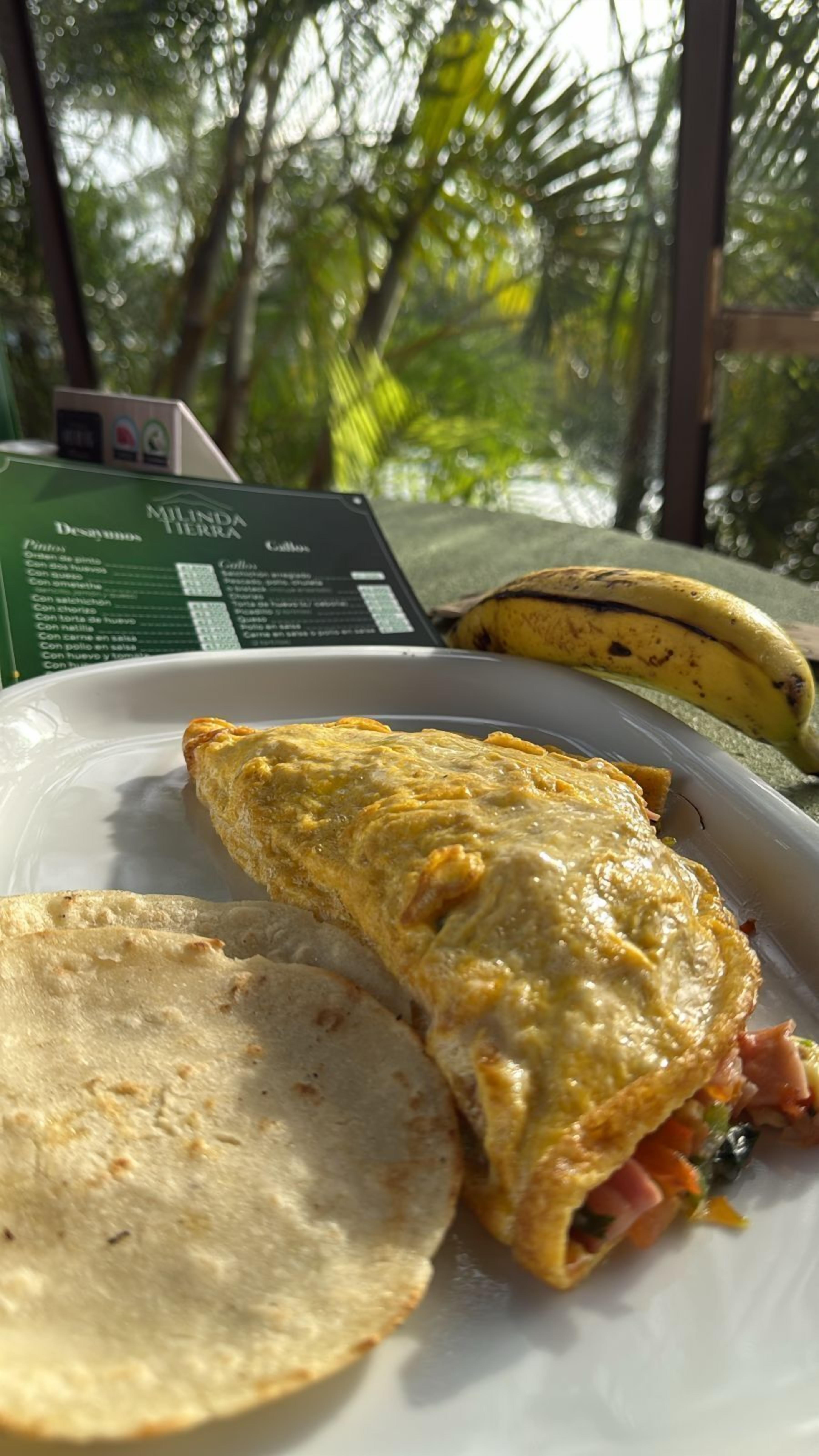 Un plato con una tortilla enrollada, un pan plano, un plátano y un panel de menú en un entorno tropical.