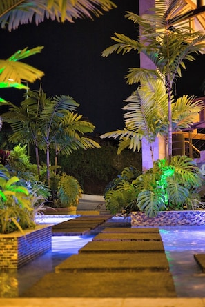A nighttime outdoor area with a water feature, illuminated plants, and a brick pathway.