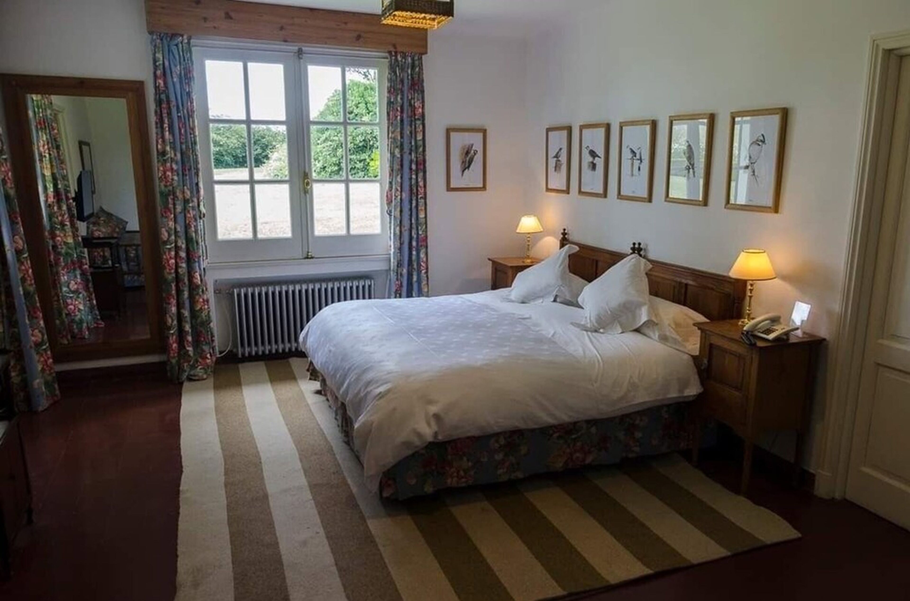 A bedroom with a large bed, two bedside tables with lamps, a radiator, a window with curtains, and wall-mounted bird paintings.
