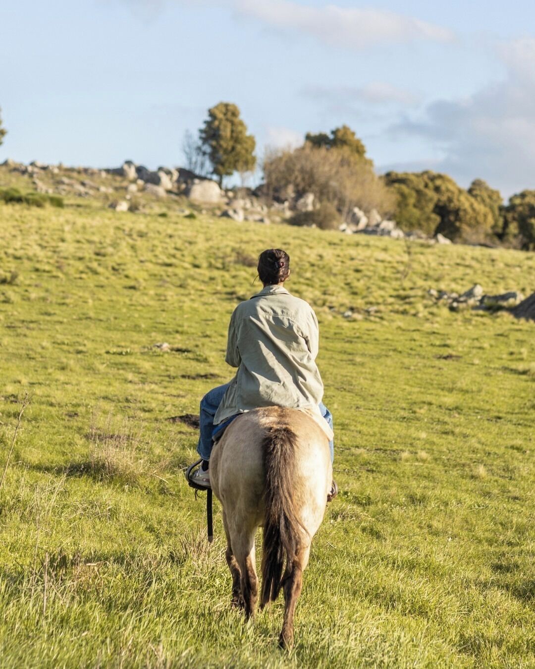 Una persona monta a caballo en un campo cubierto de hierba, con un paisaje montañoso al fondo.