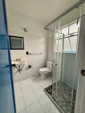 Shower, towels, toilet paper