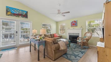 Smart TV, fireplace, toys, books