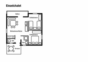 A single room layout with a balcony, two bedrooms, a bathroom, a WC, and a terrace.