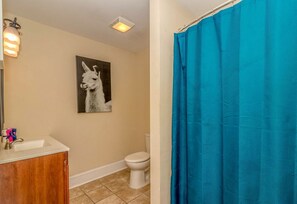 Combined shower/tub, hair dryer, towels, soap