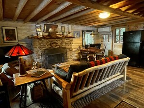 Smart TV, fireplace, books