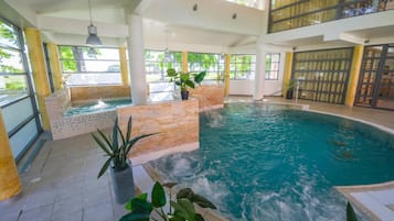 Indoor pool, open 3:00 PM to 10:00 PM, sun loungers