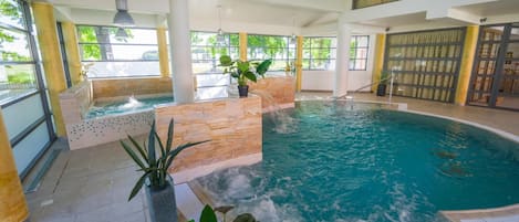 Indoor pool, open 3:00 PM to 10:00 PM, sun loungers