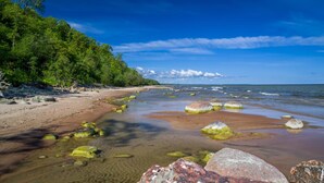 A beach with clear water, rocks, and dense green foliage. - Saka Cliff Hotel & SPA (Saka)