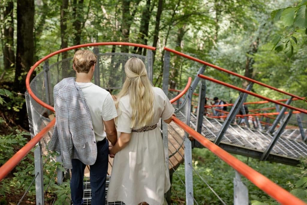 A couple walking on a metal bridge with a mesh railing, surrounded by greenery.