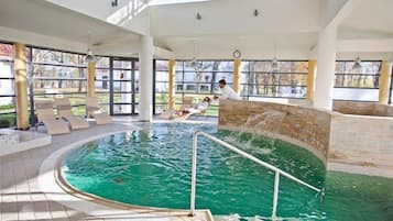 Indoor pool, open 3:00 PM to 10:00 PM, sun loungers