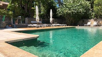 Seasonal outdoor pool, pool umbrellas, sun loungers