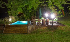 Seasonal outdoor pool, pool umbrellas, pool loungers