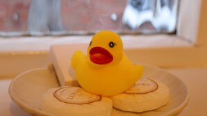 A yellow rubber duck on a tray with soap bars labeled "LUXURY" in front of a window. - The Croft (Bridgnorth)