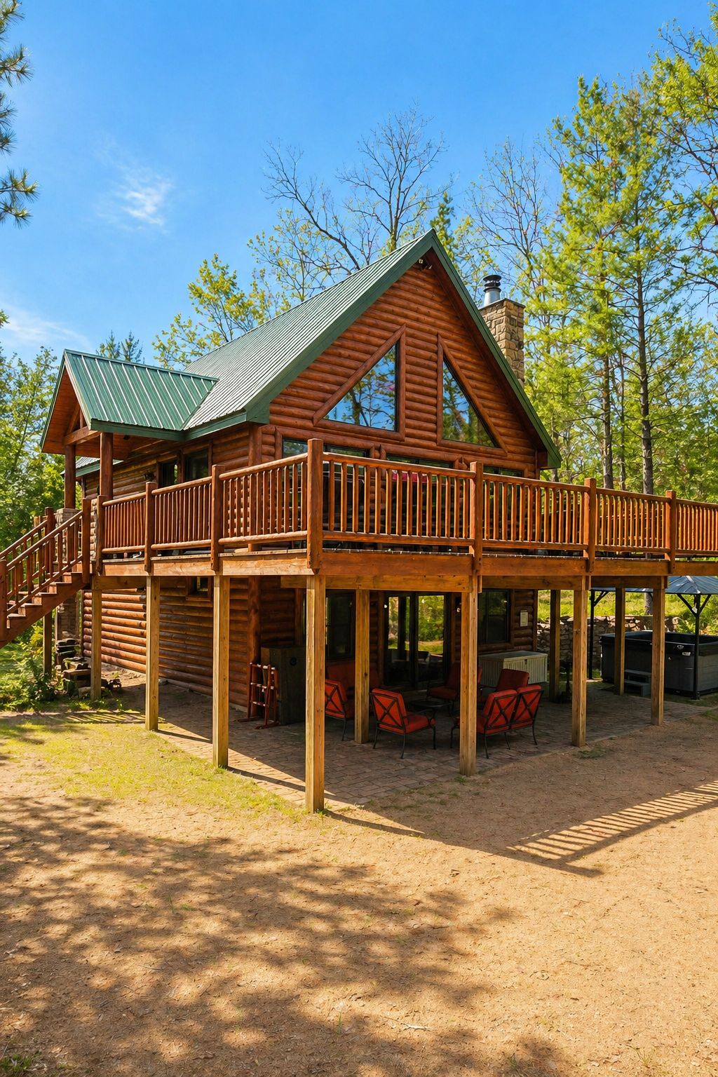 A log cabin with a covered deck and outdoor seating area.