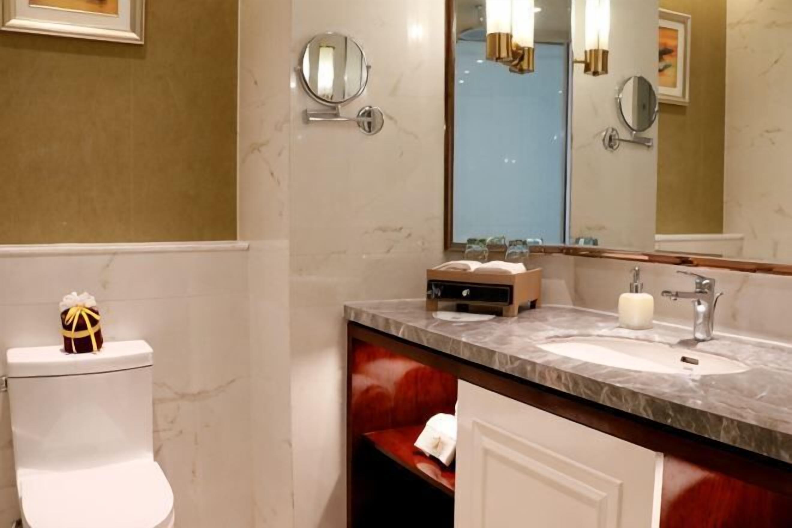 Un baño con inodoro, lavamanos, espejo y tocador con toallero.