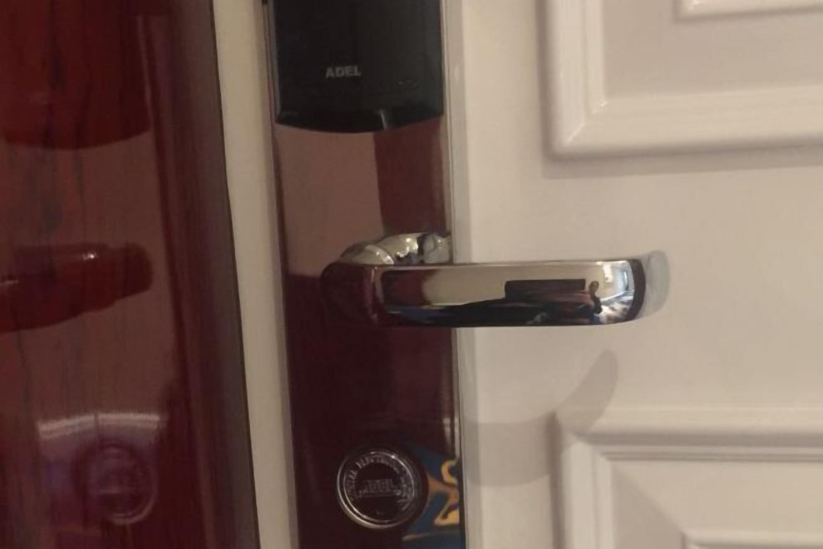 A door with a silver handle and a circular lock mechanism.