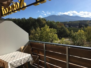 Un balcon avec une table et des chaises, donnant sur une vallée boisée et des montagnes.