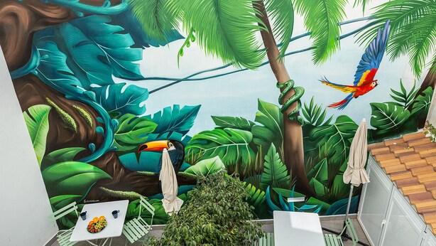 A mural of a tropical scene with a toucan, a parrot, and a snake. - MONKÓ LEMON TROPYCAL APARTMENT (Torremolinos)