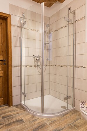 Shower, towels, soap, toilet paper - Modern and rustic holiday house (Bärenfels)