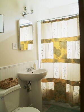 Une salle de bain avec un lavabo blanc, un miroir et un rideau de douche orné de motifs floraux.