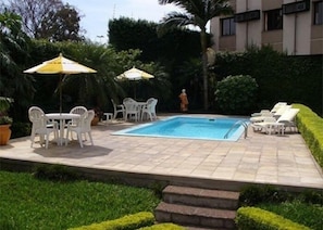 Outdoor pool, pool umbrellas