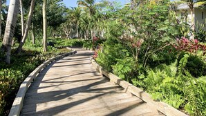 A wooden boardwalk surrounded by lush greenery and palm trees. - Luxurious Four Seasons PR Bahia Beach Villa; Golf, Pool, Tennis & Golf Cart (Río Grande)
