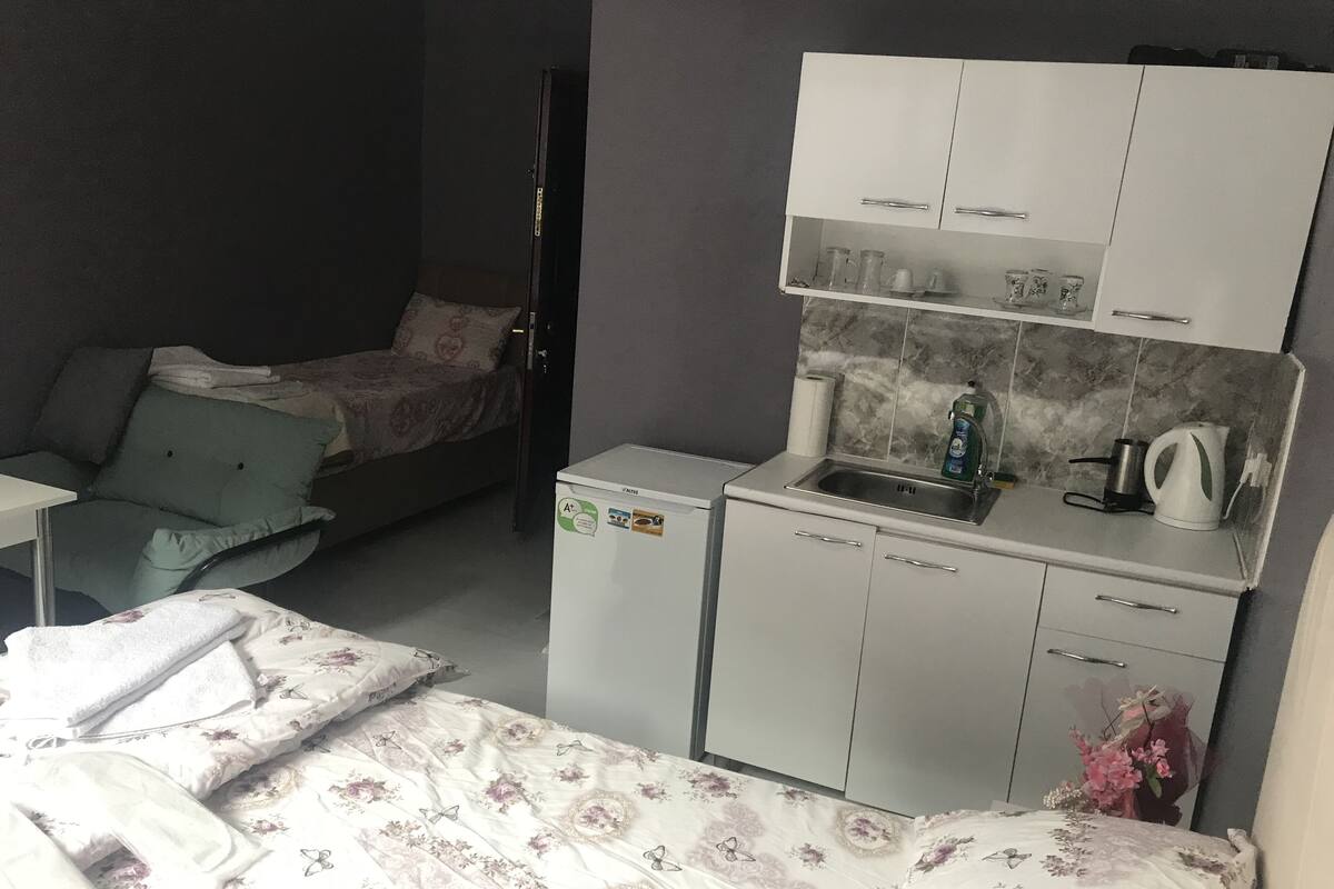 Una habitación compacta con cama, una kitchenette pequeña y un sofá.