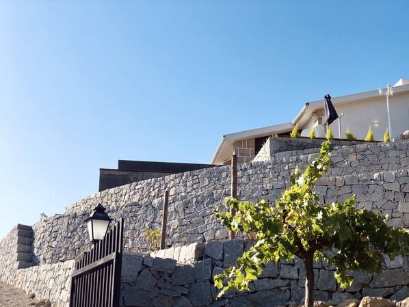 A stone wall with a gate and a lamp post.