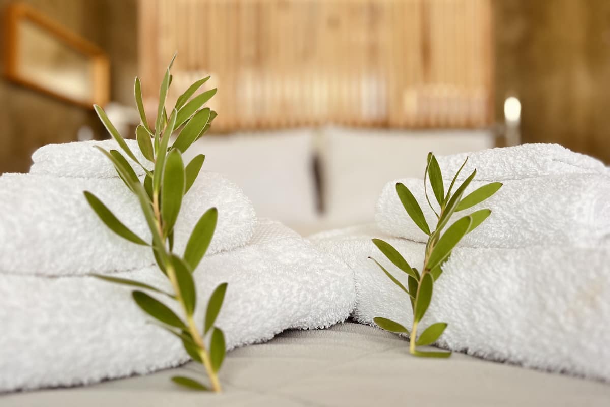 A bathroom with white towels and green plants.