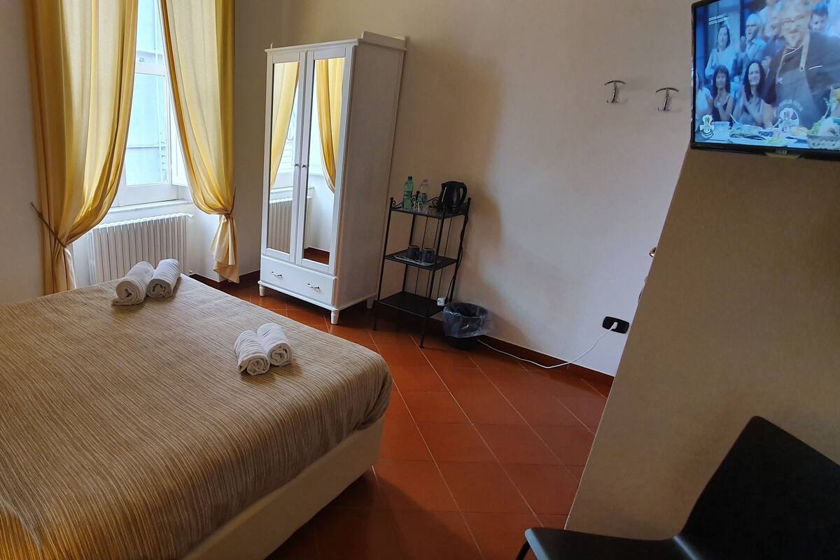 A hotel room with a bed, a nightstand with a lamp, a wardrobe, a TV, and a radiator.
