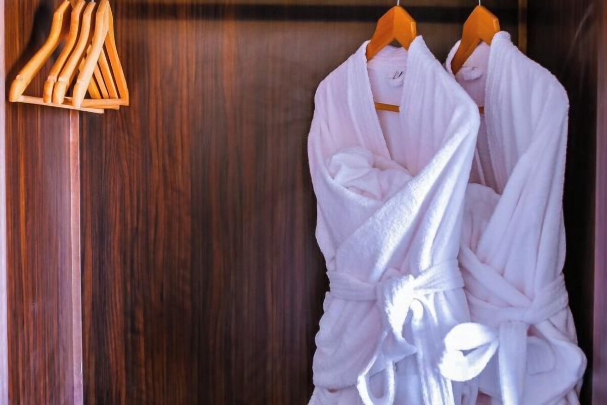 A wooden wardrobe with hanging robes.