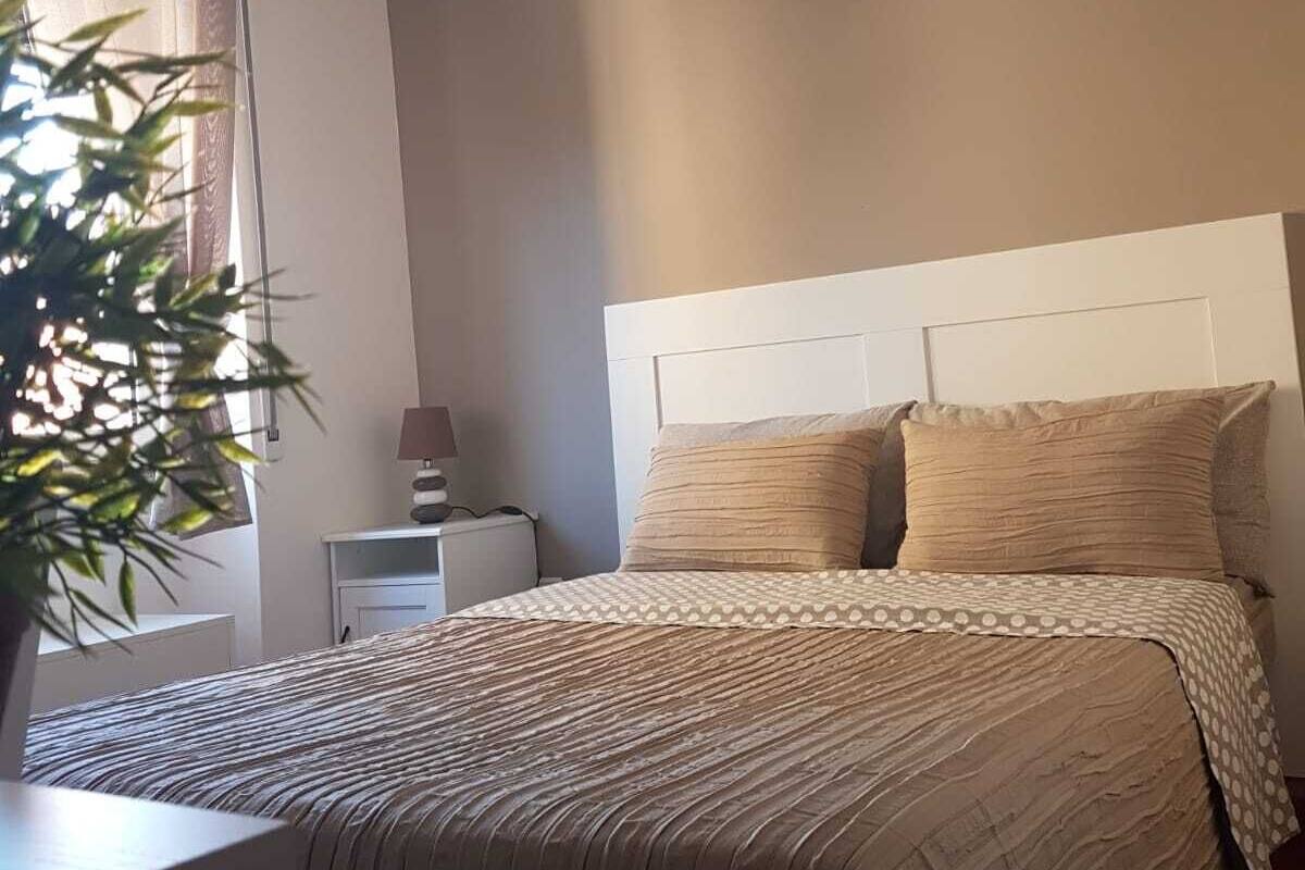 A bedroom with a bed, bedside table, lamp, and a potted plant.
