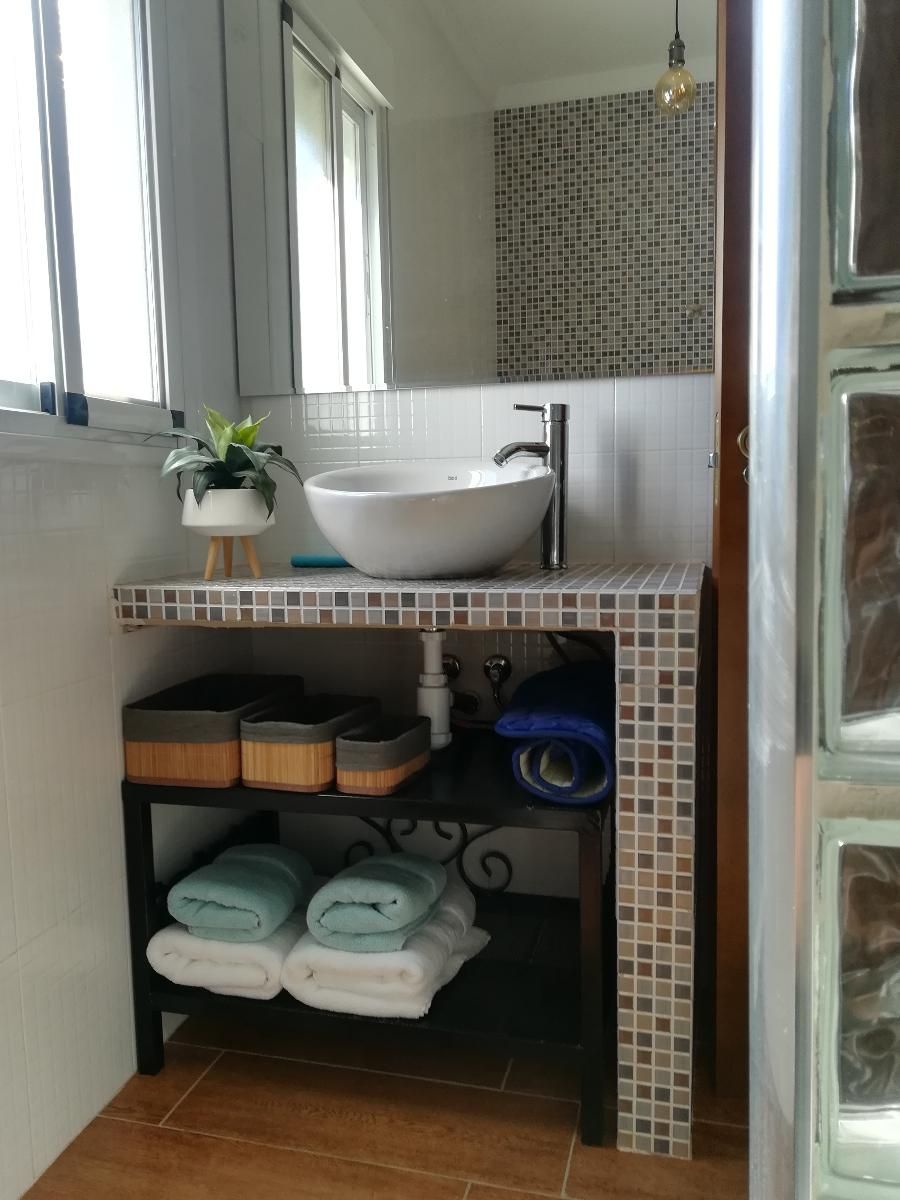 Une salle de bain avec un lavabo blanc, un miroir, une plante en pot et un porte-serviettes.