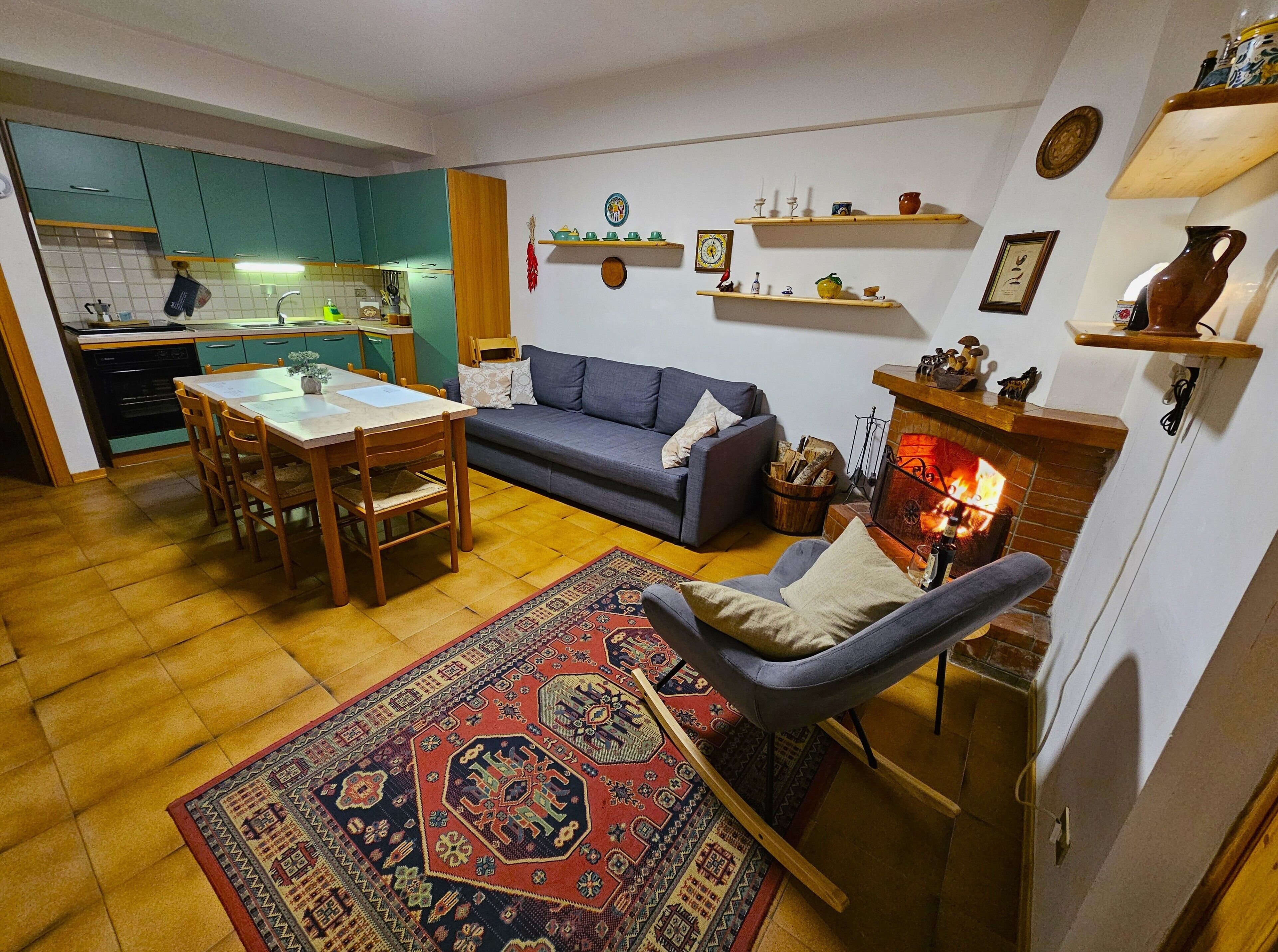 Smart TV, fireplace, books