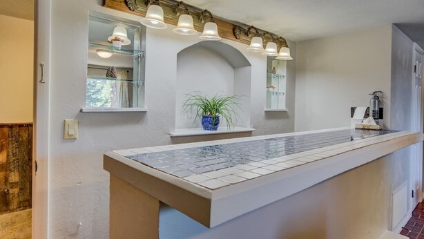 A kitchen with a marble countertop, a potted plant, and a fire extinguisher.