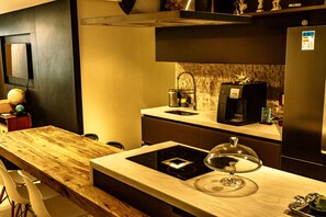 Fridge, microwave, stovetop, espresso maker