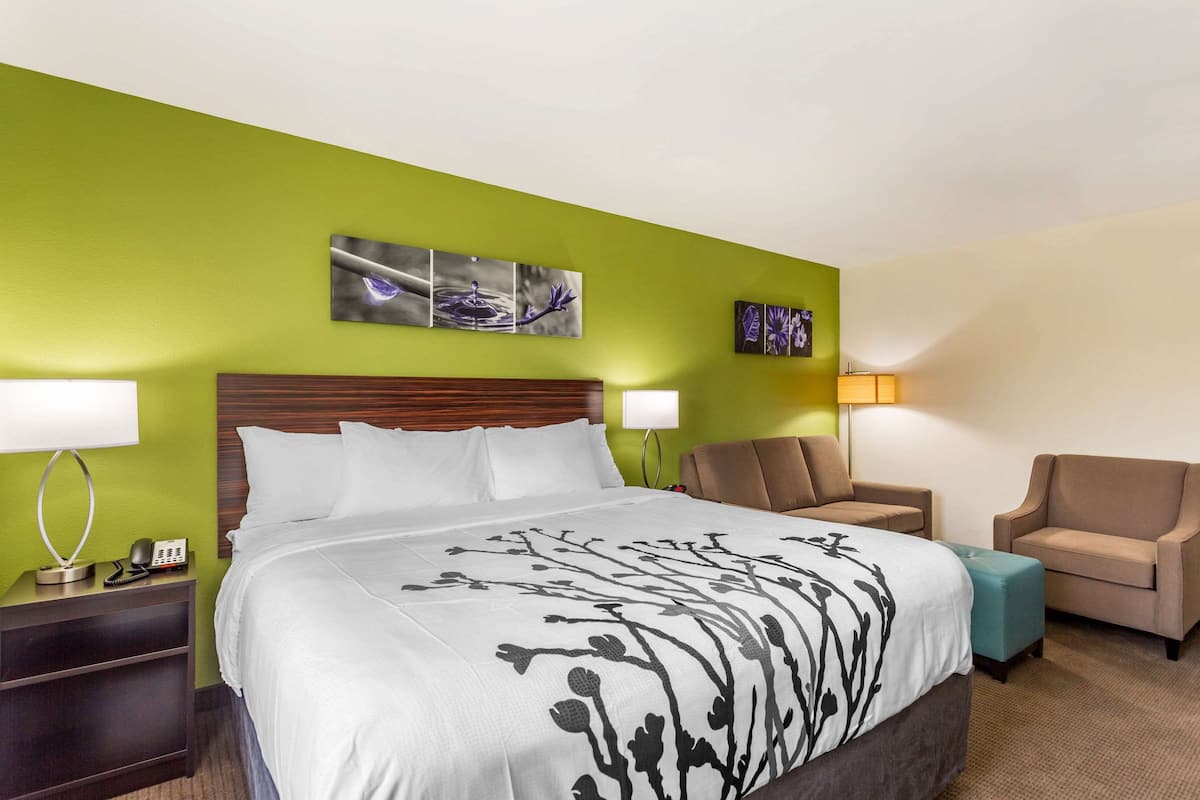 A hotel room with a large bed, two armchairs, a nightstand with a lamp, and artwork on the walls.