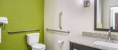Une salle de bain avec un mur vert, des toilettes blanches, une barre d’appui, un lavabo et un miroir.