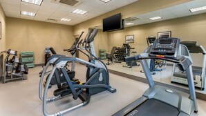 Une salle de sport équipée de tapis de course, de vélos elliptiques et de matériel de musculation.
