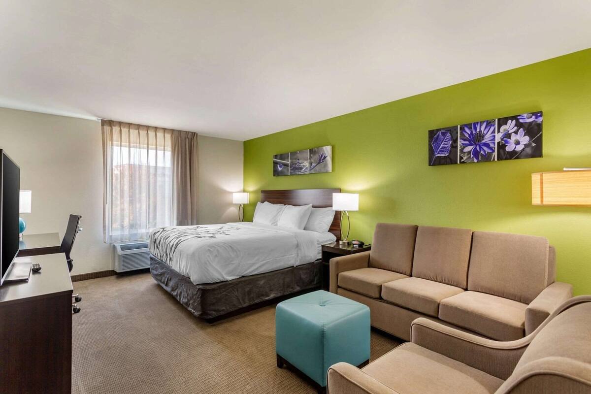 A hotel room with a bed, a desk with a TV, a sofa, and a small ottoman.