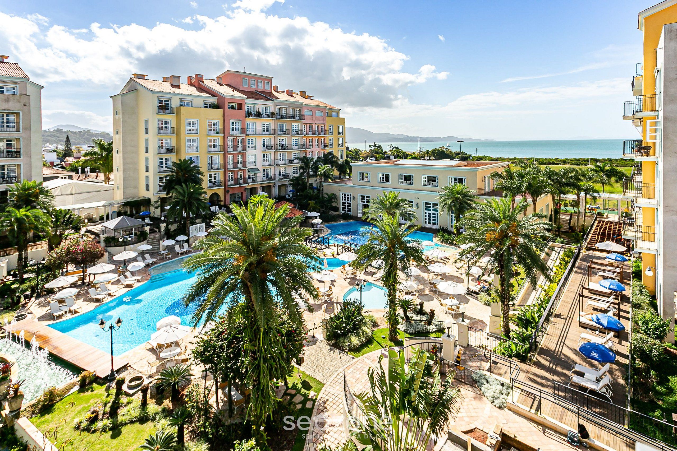 Un hôtel doté d’une piscine, de palmiers et offrant une vue sur la mer.