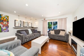 Smart TV, fireplace, video games, DVD player
