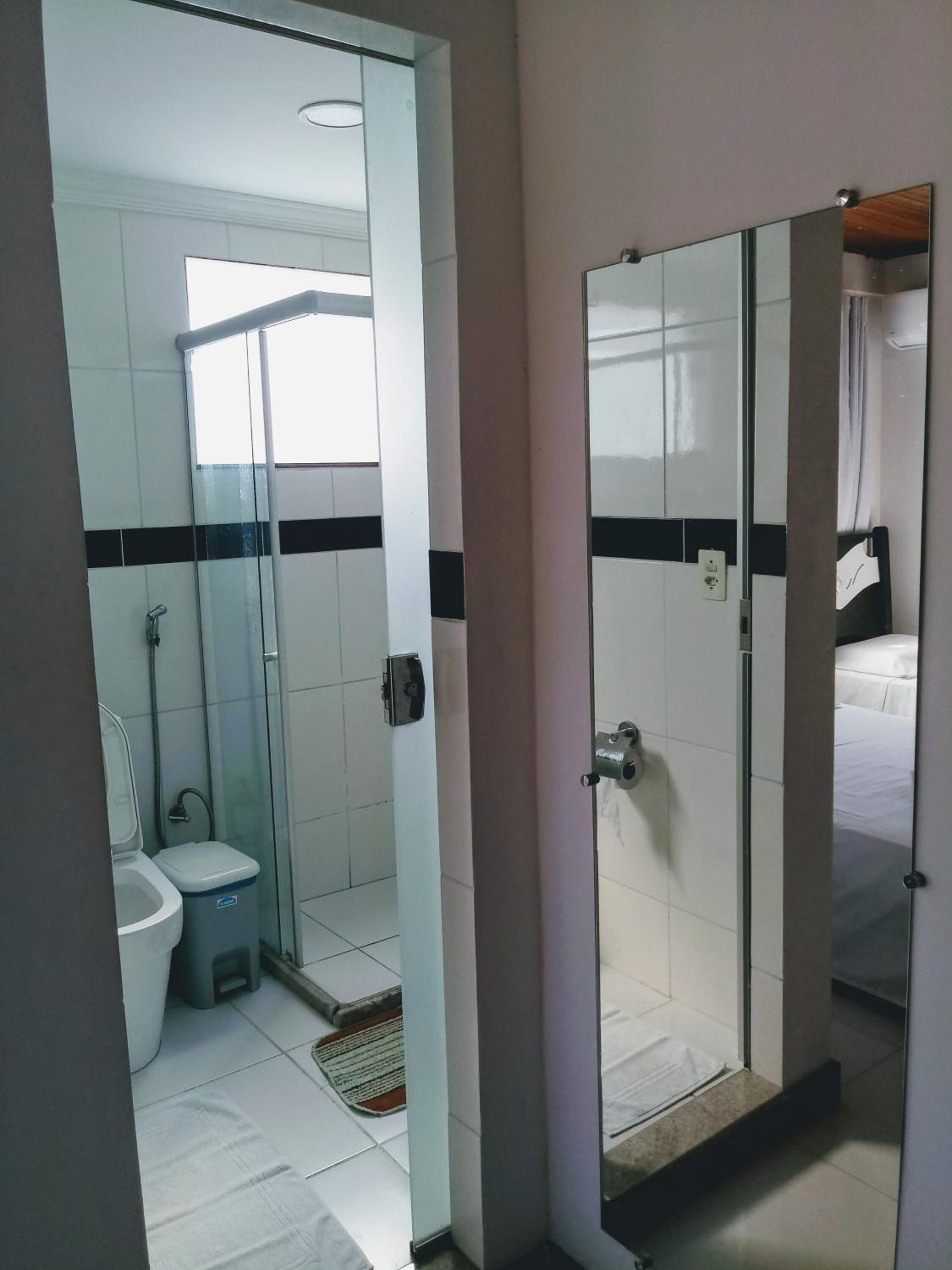Shower, towels, soap, toilet paper