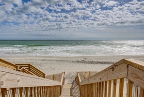 On the beach, sun-loungers, beach towels