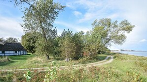 Un paysage rural avec une maison à toit de chaume, un chemin de terre et une étendue d’eau en arrière-plan.