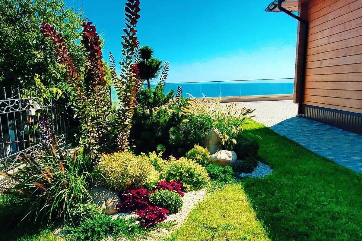 A well-maintained garden with a variety of plants and a clear view of the ocean.