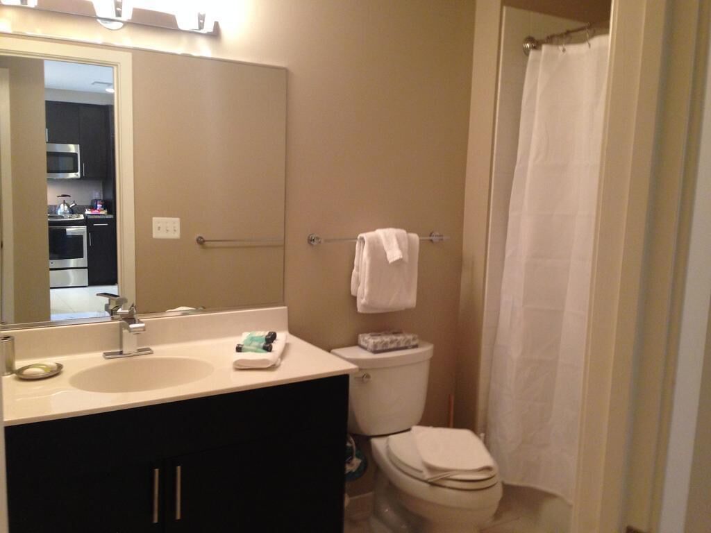 A bathroom with a sink, mirror, toilet, and shower curtain.